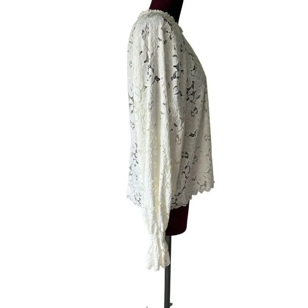 Free People‎ Olivia Lace Top size L Floral Long Bell Sleeve ivory white